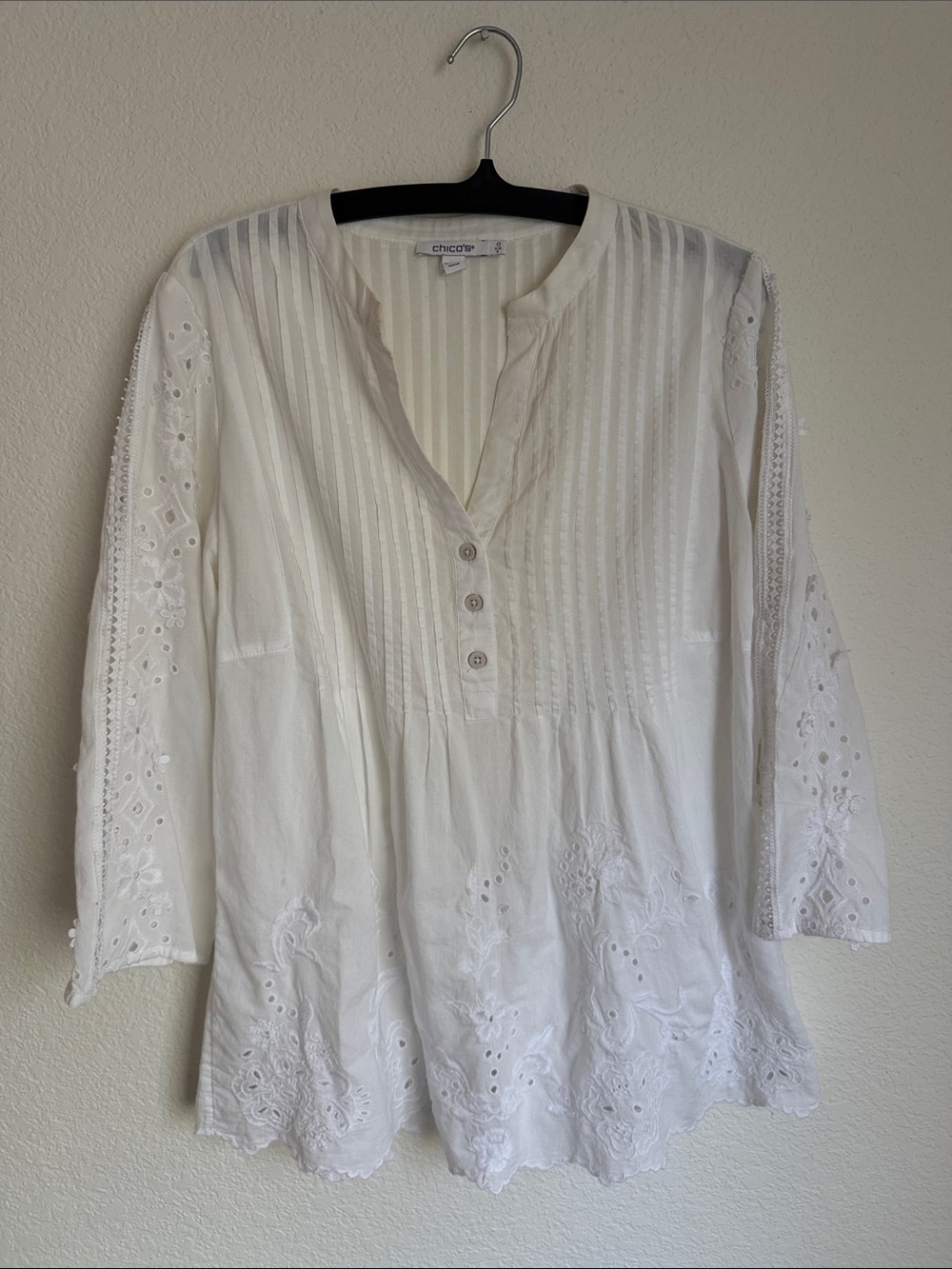Chico's White Embroidered Pintuck Tunic